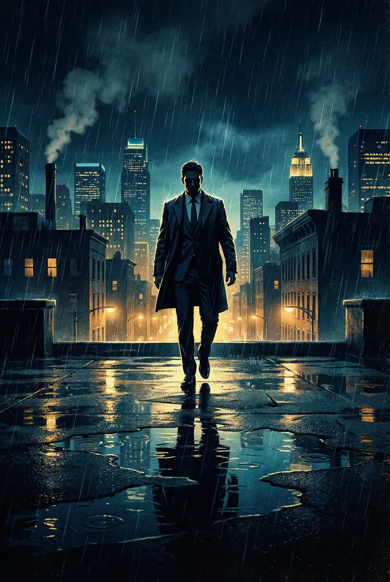朋友之间换着玩 出品影片《雨夜独行者》海报，雨中城市屋顶男性剪影